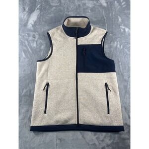 George Mens Fleece Vest Tan Oatmeal Navy Blue Full Zip Sherpa Lined Small 34-36